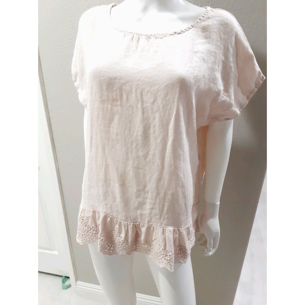 Terzo Millennio Linen Tunic Top Blouse Large Short Sleeve Eyelet Lace Italy